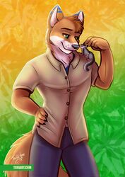  anthro australian_possum canid canine canis clothing dean_(wanderer1708) dingo duo male mammal marsupial petaurid smile sugar_glider toxi_de_vyne_(artist) 