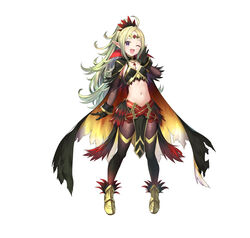  absurdres ahoge belt black_gloves blonde_hair blush cape commentary_request feather_trim feathers female fire_emblem fire_emblem_awakening fire_emblem_heroes flat_chest gloves gold_trim gradient_clothes gradient_hair green_hair highres jewelry kousei_horiguchi long_hair looking_at_viewer midriff multicolored_hair multiple_belts navel nowi_(fire_emblem) nowi_(resplendent)_(fire_emblem) official_alternate_costume official_art one_eye_closed open_mouth pantyhose parted_bangs pelvic_curtain pointy_ears ponytail purple_eyes simple_background smile stomach tiara tied_hair white_background 