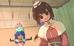  2girls :3 acolyte_(ragnarok_online) animal_ears bikini bikini_top_only biretta blue_bow blue_eyes blue_hair bow breasts brown_bikini brown_gloves brown_hair brown_shirt capelet ceiling commentary_request curtains elbow_gloves emurin flat_chest gloves green_eyes hairbow highres indoors long_hair long_sleeves low_ponytail mage_(ragnarok_online) medium_bangs medium_breasts meme metal_gear_(series) metal_gear_solid_v:_the_phantom_pain monkey_ears multiple_girls nine_years_in_a_coma_(meme) open_mouth poporing poring ragnarok_online shirt slime_(creature) smile swimsuit t-pose tile_ceiling tiles upper_body white_capelet white_headwear 