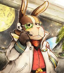  absurd_res anthro belt clothing coat english_text gloves hand_in_pocket handwear hi_res katamichi lab_coat lagomorph leporid male mammal nintendo peppy_hare planet plant plant_pot pockets potted_plant rabbit red_eyes scouter smile solo space star star_fox text topwear window 