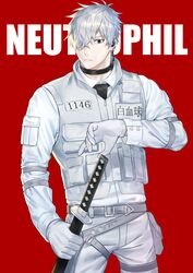  1boy belt belt_pouch black_choker black_necktie character_name choker collar cowboy_shot earpiece gloves hair_over_one_eye hataraku_saibou holding holding_sword holding_weapon id_number katana looking_at_viewer male_focus multiple_straps name_tag necktie pale_skin pants pouch red_background shirt short_hair solo swat sword text_background u-1146 utility_vest weapon white_blood_cell_(hataraku_saibou) white_gloves white_hair white_pants white_shirt zhineart 