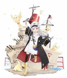  aged_down azur_lane battleship bird black_coat boat boots chick clothes_writing coat commentary enterprise_(azur_lane) female hao_(patinnko) hat long_hair manjuu_(azur_lane) military military_hat military_vehicle open_clothes open_coat peaked_cap purple_eyes rubber_boots sand_sculpture ship shirt slingshot_(weapon) solo t-shirt warship watercraft weapon white_hair white_hat yellow_footwear 