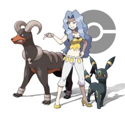  bare_arms bare_shoulders blue_eyes blue_hair breasts camisole capri_pants cleavage collarbone commentary_request crop_top eyelashes female grey_eyes grey_hair grin hand_on_own_hip high_heels highres houndoom karen_(pokemon) light_blue_hair long_hair midriff navel off-shoulder_shirt off_shoulder pants parted_bangs poke_ball_symbol pokemon pokemon_(creature) pokemon_hgss shirt smile spaghetti_strap standing tellzeta umbreon wavy_hair white_background white_pants yellow_camisole yellow_footwear yellow_shirt 