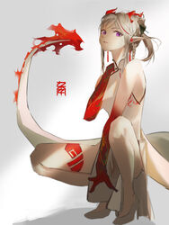  absurdres arknights bad_id bad_pixiv_id china_dress chinese_clothes commentary_request dress female grey_background high_heels highres horns long_hair mackia nian_(arknights) nian_(unfettered_freedom)_(arknights) official_alternate_costume pointy_ears purple_eyes sleeveless sleeveless_dress solo squatting tail white_dress white_hair 