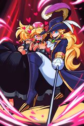  2girls aristocratic_clothes arm_around_shoulder armlet ascot black_dress blonde_hair blue_brooch boots bowsette bracelet collar dress fangs hat_feather heart heart-shaped_pupils high_heel_boots high_heels horns jewelry knee_boots left-handed mario_(series) multiple_girls nanika_(nnkgh) new_super_mario_bros._u_deluxe official_alternate_costume open_mouth pants princess_peach princess_peach:_showtime! rapier sharp_teeth spiked_armlet spiked_bracelet spiked_collar spikes super_crown sword swordfighter_peach symbol-shaped_pupils teeth weapon white_ascot white_pants 