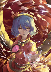  absurdres autumn_leaves bad_id bad_pixiv_id blue_hair commentary_request english_commentary female hair_ornament highres leaf_hair_ornament leaf_print long_sleeves mirror mixed-language_commentary oil open_hand otomeza_ryuseigun red_eyes red_shirt rope shide shimenawa shirt short_hair skirt slit_pupils solo sunken_fossil_world touhou water_drop yasaka_kanako 