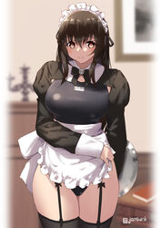  alternate_costume apron aya_(jonsun) black_hair blurry blurry_background breasts brown_eyes competition_swimsuit cowboy_shot enmaided female frills jonsun large_breasts long_hair maid maid_apron maid_headdress one-piece_swimsuit original puffy_sleeves shrug_(clothing) smile solo swimsuit thighhighs waist_apron 