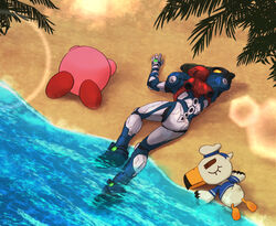  animal_crossing arm_cannon armor beach female gulliver_(animal_crossing) hat kirby kirby_(series) kirby_and_the_forgotten_land metroid metroid_dread ocean palm_tree power_armor power_suit power_suit_(metroid) sailor_collar sailor_hat sailor_shirt samus_aran shirt sunlight trait_connection tree unconscious wakaba_(wata_ridley) weapon 