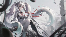  25-ji_miku absurdly_long_hair asymmetrical_legwear black_legwear blurry blurry_foreground chest_harness closed_mouth collared_shirt crown day dress_shirt female floating_hair green_eyes grey_hair hair_between_eyes harness hatsune_miku heterochromia highres long_hair long_sleeves neck_ribbon outdoors paran project_sekai red_eyes red_ribbon ribbon shirt sitting sleeves_past_wrists solo truss twintails very_long_hair vocaloid white_shirt wing_collar 