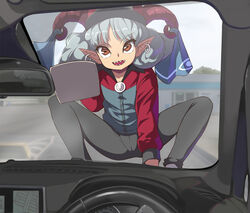  alternate_costume black_pants blue_ribbon car_interior commentary_request employee_uniform female horn_ornament horn_ribbon horns long_sleeves open_mouth pants persona persona_4 pointy_ears rectangular_pupils red_eyes red_horns ribbon sharp_teeth sheep_horns short_hair solo steering_wheel syope teeth touhou toutetsu_yuuma uniform washing_vehicle wavy_hair white_hair wiping 