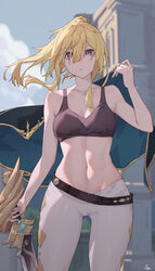  abs absurdres bare_arms bare_shoulders black_sports_bra blonde_hair blue_eyes breasts cape capelet cleavage closed_mouth collarbone commentary_request cowboy_shot day expressionless female genshin_impact hair_between_eyes highres holding holding_cape holding_clothes holding_sword holding_weapon jean_(genshin_impact) long_hair looking_at_viewer medium_breasts navel outdoors pants penichet ponytail sidelocks signature solo sports_bra stomach sword tight_clothes tight_pants weapon white_pants 