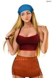  bandana bare_shoulders blonde_hair blue_bandana blue_eyes breasts cleavage cross-laced_clothes cross-laced_skirt deviantart_logo female highres instagram_logo jyundee large_breasts lindsay_(total_drama) long_hair looking_to_the_side miniskirt nose orange_skirt patreon_logo realistic red_nails red_tank_top skirt solo tank_top total_drama twitter_logo youtube_logo 