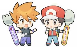  2boys :d backpack bad_id bad_twitter_id bag blue_oak blush brown_eyes character_name chibi chinese_commentary collared_shirt commentary_request hat holding holding_spoon holding_spork jacket jewelry male_focus multiple_boys necklace open_mouth pants pokemon pokemon_frlg rata_(m40929) red_(pokemon) red_headwear shirt shoes short_hair smile spiked_hair spoon spork standing tongue vs_seeker wristband yellow_bag 