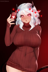  arm_behind_back black_nails blush breasts bright_pupils chinese_commentary commentary_request cowboy_shot demon_girl demon_horns demon_tail dress easonx female fingernails gradient_background heart heart-shaped_pupils helltaker highres holding holding_phone horns large_breasts long_hair long_sleeves looking_at_viewer modeus_(helltaker) nail_polish nose_blush parted_lips phone red_background red_eyes red_sweater sidelocks sleeves_past_wrists solo sweater sweater_dress symbol-shaped_pupils tail turtleneck turtleneck_sweater white_hair 