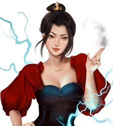  avatar:_the_last_airbender avatar_legends azula breasts brown_eyes brown_hair character_name cleavage female hair_bun highres jewelry jyundee lightning lipstick long_hair looking_at_viewer makeup medium_breasts necklace orange_eyes orange_lips puffy_short_sleeves puffy_sleeves realistic short_sleeves simple_background single_hair_bun solo white_background 