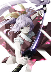  absurdres bad_id bad_pixiv_id belt boots bow collared_shirt dress female grin hairbow high_ponytail highres katana long_hair loose_belt motion_blur otomeza_ryuseigun pinafore_dress ponytail purple_hair red_dress red_eyes sheath shirt sleeveless sleeveless_dress smile solo sword touhou unsheathing watatsuki_no_yorihime weapon white_shirt yellow_bow 