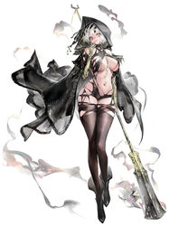  absurdres agoto black_cloak black_footwear black_thighhighs boots breasts cloak female floating_cape full_body hand_to_own_mouth highres holding holding_polearm holding_weapon large_breasts mechanical_arms navel necromancer original polearm revealing_clothes short_hair smile solo stomach thighhighs weapon white_background white_hair yellow_eyes 