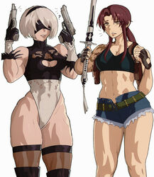  2b_(nier:automata) 2girls abs bare_hips belt black_blindfold black_hairband black_lagoon blindfold boots breasts brown_eyes brown_hair cleavage clothing_cutout covered_eyes crop_top denim denim_shorts dual_wielding feather-trimmed_gloves feather_trim fingerless_gloves gloves gun hairband handgun highleg highleg_leotard highres holding holding_gun holding_sword holding_weapon holster katana leotard medium_breasts midriff mole mole_under_mouth multiple_girls muscular muscular_female navel nier:automata nier_(series) ponytail revy_(black_lagoon) short_shorts shorts shoulder_holster shoulder_tattoo sidelocks smile sword tank_top tattoo thick_thighs thighhighs thighhighs_under_boots thighs thong_leotard toned tribal_tattoo weapon weapon_switch white_hair white_leotard yoracrab 