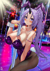  \||/ animal_ears arm_strap bare_arms bare_shoulders between_breasts between_legs black_horns blurry blurry_background blush braid breasts closed_mouth collarbone eyelashes fake_animal_ears fake_tail female forehead hand_between_legs high_ponytail highleg highleg_leotard highres horns huge_breasts indoors leotard long_hair looking_at_viewer nightclub oni oni_horns pantyhose parted_bangs playboy_bunny pole pole_dancing purple_eyes purple_hair purple_headwear purple_leotard rabbit_tail shadow shion_(tensei_shitara_slime_datta_ken) single_horn smile solo stage stage_lights strapless strapless_leotard stripper_pole t3x tail tensei_shitara_slime_datta_ken v-shaped_eyebrows very_long_hair wrist_cuffs 