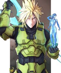  1boy aqua_eyes armor bad_id bad_twitter_id black_bodysuit blonde_hair blue_hair blue_skin bodypaint bodysuit breasts cloud_strife colored_skin cortana cortana_(cosplay) cosplay crab energy_sword female final_fantasy final_fantasy_vii final_fantasy_vii_remake halo_(series) halo_infinite highres holding holding_sword holding_weapon hologram large_breasts long_hair low-tied_long_hair master_chief master_chief_(cosplay) mini_person minigirl no_headwear painted_clothes power_armor power_suit serious spartan_(halo) spiked_hair sword tifa_lockhart type-1_energy_sword weapon weapon_on_back yoracrab 