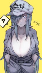  ? absurdres belt blue_eyes breast_pocket breasts cleavage collarbone colored_skin employee_uniform female fuzinoe_13b hair_over_one_eye half-closed_eye hand_on_own_hip hataraku_saibou hataraku_saibou_black highres huge_breasts long_hair long_sleeves pale_skin pocket simple_background sleeves_rolled_up solo thought_bubble u-1196 uniform white_blood_cell_(hataraku_saibou) white_skin yellow_background 