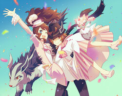  1boy arm_up blue_eyes blurry brown_eyes brown_hair carrying closed_mouth commentary_request confetti diancie dress eyelashes female hat high_heels hilbert_(fall_2020)_(pokemon) hilbert_(pokemon) hilda_(pokemon) hilda_(special_costume)_(pokemon) long_hair long_sleeves michaelovten mightyena official_alternate_costume pink_headwear pokemon pokemon_(creature) pokemon_masters_ex short_hair sidelocks smile sparkle 