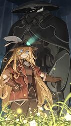  2girls absurdres armor belt belt_buckle blonde_hair blue_eyes buckle commentary copyright_name english_commentary flower gloves grass hair_between_eyes hat highres jacket knifedragon long_hair lyza_(made_in_abyss) made_in_abyss multiple_girls ozen parted_lips short_sleeves smile teeth very_long_hair whistle whistle_around_neck 