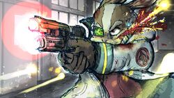  angry anthro blood bodily_fluids clothing coat fight gloves gun hallway handwear hi_res katamichi lab_coat lagomorph laser leporid male mammal nintendo peppy_hare rabbit ranged_weapon red_eyes scouter solo star_fox topwear weapon window 