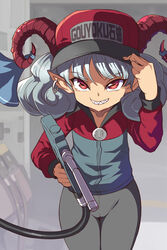  alternate_costume blue_bow bow collarbone commentary_request dated employee_uniform female gas_station gasoline goat_horns hat hat_tip highres horn_bow horn_ornament horns looking_at_viewer pants pointy_ears rectangular_pupils red_eyes sharp_teeth short_hair signature smile solo sunken_fossil_world syope teeth touhou toutetsu_yuuma uniform wavy_hair 