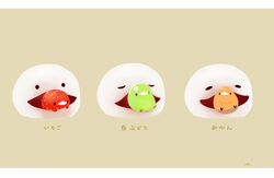  bird chai_(drawingchisanne) commentary_request daifuku food food-themed_creature fruit grapes ichigo_daifuku in_mouth no_humans open_mouth orange_(fruit) original signature simple_background strawberry sweets_bird translated undersized_animal wagashi 