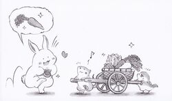  :3 :d animal animal_focus basket bird carrot cart eurasian_tree_sparrow food greyscale heart hiraoka_senitsu hopping lettuce monochrome mouse_(animal) musical_note open_mouth original pulling pushing rabbit radish shadow simple_background smile sparkle sparrow speech_bubble standing standing_on_one_leg vegetable white_background 