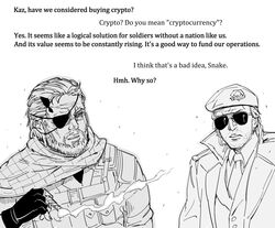  2boys aviator_sunglasses bb_(baalbuddy) beard beret cryptocurrency diamond_dogs english_commentary english_text eyepatch facial_hair greyscale hat highres kazuhira_miller male_focus metal_gear_(series) metal_gear_solid_v:_the_phantom_pain monochrome multiple_boys simple_background smoking sunglasses venom_snake white_background 