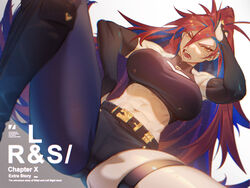  abs annoyed asymmetrical_clothes asymmetrical_legwear belt biceps blue_hair breasts bridal_gauntlets broad_shoulders colored_inner_hair crop_top english_text female flipped_hair halterneck highres knee_up large_breasts long_hair looking_at_viewer multicolored_hair muscular muscular_female original pants ponytail red_hair sharp_teeth shen_(snakeping) shipl single_pantsleg sitting skindentation solo teeth thigh_strap two-tone_hair very_long_hair yellow_eyes 