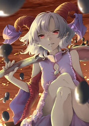  absurdres bad_id bad_pixiv_id bare_shoulders blue_dress clenched_teeth commentary_request crossed_legs curly_hair detached_sleeves dress earrings english_commentary feet_out_of_frame female highres horizontal_pupils horn_ornament horn_ribbon horns jewelry mandarin_collar meandros mixed-language_commentary oil otomeza_ryuseigun over_shoulder oversized_object patterned_clothing pointy_ears rectangular_pupils red_eyes red_horns red_sleeves ribbon sharp_teeth sheep_horns solo sunken_fossil_world teeth touhou toutetsu_yuuma utensil weapon weapon_over_shoulder white_hair 