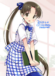  :d alternate_costume apron ayanami_(kancolle) blue_apron blue_bow blue_bowtie blue_ribbon blue_skirt blush book bow bowtie brown_eyes brown_hair buttons checkered_apron checkered_clothes commentary cowboy_shot dated employee_uniform female gingham gingham_apron hair_ribbon high-waist_skirt holding holding_book kantai_collection kobeya kobeya_uniform long_hair odawara_hakone one-hour_drawing_challenge open_mouth pleated_shirt ribbon shirt short_sleeves side_ponytail skirt smile solo twitter_username uniform very_long_hair white_shirt 