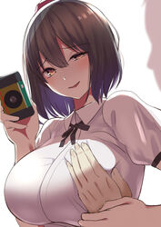  1boy amisu breasts brown_eyes brown_hair camera collared_shirt commentary_request female grabbing grabbing_another&#039;s_breast guided_breast_grab guiding_hand hat highres holding holding_camera huge_breasts one-hour_drawing_challenge red_headwear shameimaru_aya shirt short_sleeves simple_background smirk solo_focus straight tokin_hat touhou uneven_eyes upper_body white_background white_shirt wing_collar 