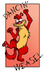  2009 3_toes 4_fingers anthro anti_dev cartoon_network dancing ear_piercing english_text feet fingers fur i._m._weasel i_am_weasel male mammal mustelid musteline pawpads piercing red_body red_fur simple_background solo text toes true_musteline weasel yellow_body yellow_fur 