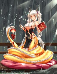  bare_shoulders blunt_bangs blush breasts calligraphy_brush china_dress chinese_clothes commentary covered_navel dragon dragon_girl dragon_horns dress eastern_dragon female fins head_fins highres horns lamia large_breasts long_hair looking_at_viewer midnight_(banyex) monster_girl monster_girl_encyclopedia open_mouth paintbrush patreon_username ryuu_(monster_girl_encyclopedia) scales see-through sleeveless slit_pupils snake_bondage solo underboob watermark web_address white_hair yellow_eyes 