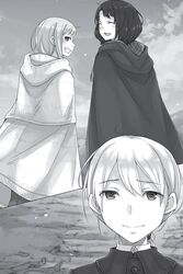  1boy 2girls :d ayakura_juu cape closed_eyes day greyscale grin hair_between_eyes hood hood_down ilena_gisele looking_at_viewer looking_back monochrome multiple_girls myuri_(spice_and_wolf) non-web_source novel_illustration official_art open_mouth outdoors ponytail shinsetsu_spice_and_wolf short_hair smile spice_and_wolf tote_col 