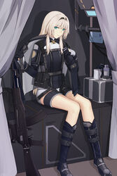  absurdres an-94 an-94_(girls&#039;_frontline) assault_rifle blonde_hair boots commentary_request curtains female girls&#039;_frontline gloves green_eyes gun hairband highres jacket knee_boots long_hair long_sleeves rifle shorts sidelocks sitting solo toilet_paper veolia weapon 