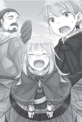  2boys ayakura_juu barrel bear capelet closed_eyes facial_hair female greyscale long_hair monochrome moustache multiple_boys myuri_(spice_and_wolf) non-web_source novel_illustration official_art open_mouth outdoors ponytail shinsetsu_spice_and_wolf spice_and_wolf sweatdrop tears tote_col 