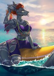  5_fingers anthro beach clothing deer detailed_background digital_media_(artwork) female fingers fish hair hauringu horn hybrid mammal marine morning sea seaside shark sky smile solo sunrise surfboard surfer surfing swimwear vehicle water watercraft wave 