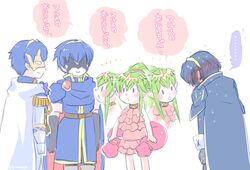  2boys 2girls ancestor_and_descendant black_gloves blue_cape blue_hair blush cape commentary dual_persona fire_emblem fire_emblem:_mystery_of_the_emblem fire_emblem_awakening fire_emblem_heroes from_side gloves green_hair hair_ribbon long_hair long_sleeves lucina_(fire_emblem) marth_(fire_emblem) marth_(fire_emblem_awakening) marth_(groom)_(fire_emblem) mask multiple_boys multiple_girls one-piece_swimsuit open_mouth pink_one-piece_swimsuit pointy_ears ponytail protected_link qumaoto red_ribbon ribbon short_hair simple_background standing swimsuit tiara tiki_(fire_emblem) tiki_(young)_(fire_emblem) tiki_(young)_(summer)_(fire_emblem) translated white_background white_cape white_gloves 