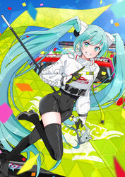  absurdres aqua_eyes aqua_hair black_footwear black_gloves black_thighhighs bodysuit boots commentary female flag gloves goodsmile_racing green_flag green_gloves hatsune_miku highres holding holding_flag leotard long_hair looking_at_viewer mofmama racing_miku racing_miku_(2022) racing_suit smile solo thigh_boots thighhighs twintails vocaloid 