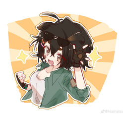  :d ahoge arknights asainatsu bandaid bandaid_on_cheek bandaid_on_face black_gloves black_hair blush breasts brown_eyes cleavage collarbone commentary_request cropped_torso eyewear_on_head female fingerless_gloves gloves green_jacket hair_between_eyes hand_up highres jacket jackie_(arknights) jackie_(take_a_leap)_(arknights) medium_breasts oerba_yun_fang official_alternate_costume open_clothes open_jacket outline shirt short_eyebrows smile solo sparkle sunburst sunburst_background sunglasses thick_eyebrows twitter_username upper_body white_outline white_shirt 