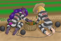  3:2 5_fingers 5_toes ankles_tied anthro ball_and_chain barefoot blonde_hair blue_eyes bondage bondage bound braided_hair carrot chained chains clothed clothing cuff_(restraint) duo farming feet female fingers food foot_focus fully_clothed generation_5_pokemon generation_7_pokemon hair hard_labor hi_res human humanoid_feet ironjethro kneeling legs_tied lock looking_back lycanroc mammal midnight_lycanroc nintendo outside plant plantigrade pokemon pokemon_(species) prison_uniform prisoner purple_hair rear_view red_eyes red_sclera restraints shackles snout soles submissive submissive_female tai_(taizoroark) toes vegetable zoroark 