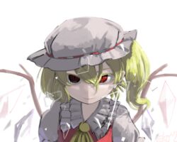  ascot blonde_hair closed_mouth commentary crystal expressionless eyebrows_hidden_by_hair female flandre_scarlet frilled_shirt_collar frills hair_between_eyes hat highres looking_at_viewer mob_cap one_side_up portrait puffy_short_sleeves puffy_sleeves red_eyes red_vest short_hair short_sleeves simple_background slit_pupils solo touhou vest white_background white_hat wings yellow_ascot zakozako_y 