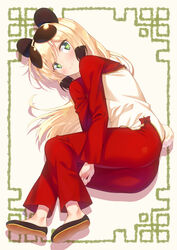  animal_ears ass black_footwear black_hair blonde_hair blush closed_mouth commentary eyewear_on_head female full_body green_eyes highres kazuma_(kazumav) long_hair long_sleeves looking_at_viewer lying mei-mei_(murenase!_shiiton_gakuen) multicolored_hair murenase!_shiiton_gakuen on_side panda_ears panda_girl panda_tail pants red_pants shirt shoe_soles shrug_(clothing) smile solo sunglasses two-tone_hair very_long_hair white_shirt 