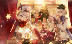  5girls absurdres antlers aqua_eyes artist_request badge bandaid bandaid_on_face bandaid_on_nose baseball_cap blue_eyes blue_scarf blush breasts button_badge cake cake_slice christmas christmas_lights christmas_ornaments christmas_star christmas_sweater christmas_tree christmas_wreath collarbone curtains de_lisle_(girls&#039;_frontline) de_lisle_(weaving_starlight)_(girls&#039;_frontline) fake_antlers fire fireplace food fork fur-trimmed_jacket fur_trim girls&#039;_frontline giving goggles goggles_on_head green_eyes green_headwear hairband halterneck hat hat_bell heterochromia highres holding holding_plate horns indoors jacket ksvk_(beneath_layers_of_snow)_(girls&#039;_frontline) ksvk_(girls&#039;_frontline) long_hair long_sleeves looking_at_viewer lusa_(girls&#039;_frontline) lusa_(reindeer_latte)_(girls&#039;_frontline) mpk_(girls&#039;_frontline) mpk_(soaring_fire_on_ice)_(girls&#039;_frontline) mpl_(girls&#039;_frontline) mpl_(leaping_red_on_frost)_(girls&#039;_frontline) multiple_girls oerba_yun_fang official_alternate_costume official_art official_wallpaper open_mouth orange_hair pink_hair plate red_curtains red_headwear red_jacket red_scarf reindeer_antlers santa_hat scarf short_hair smile snow_globe snowman stellated_octahedron twintails underbust utensil_in_mouth v-shaped_eyebrows white_hair window wreath yellow_eyes 