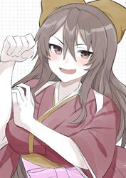  ashigara_(kancolle) blush bow bras_d&#039;honneur breasts brown_eyes clenched_hand cosplay female hair_between_eyes hairbow hakama hand_on_own_arm highres japanese_clothes kamikaze_(kancolle) kamikaze_(kancolle)_(cosplay) kantai_collection kimono large_breasts long_hair long_sleeves looking_at_viewer meiji_schoolgirl_uniform oerba_yun_fang open_mouth pink_hakama red_kimono simple_background solo toriniku_senshi_chikinman yellow_bow 